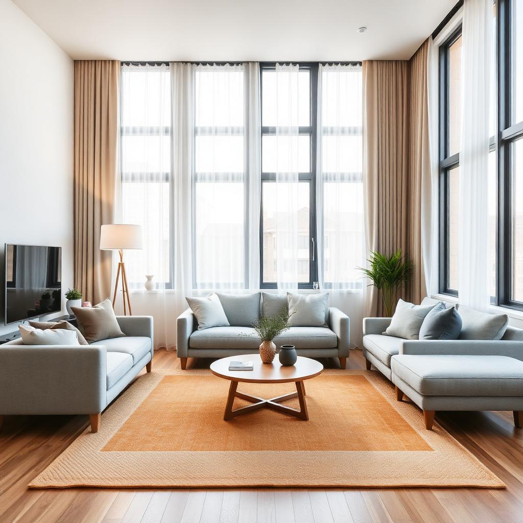 AI-staged modern living room with sofa, coffee table and warm rug