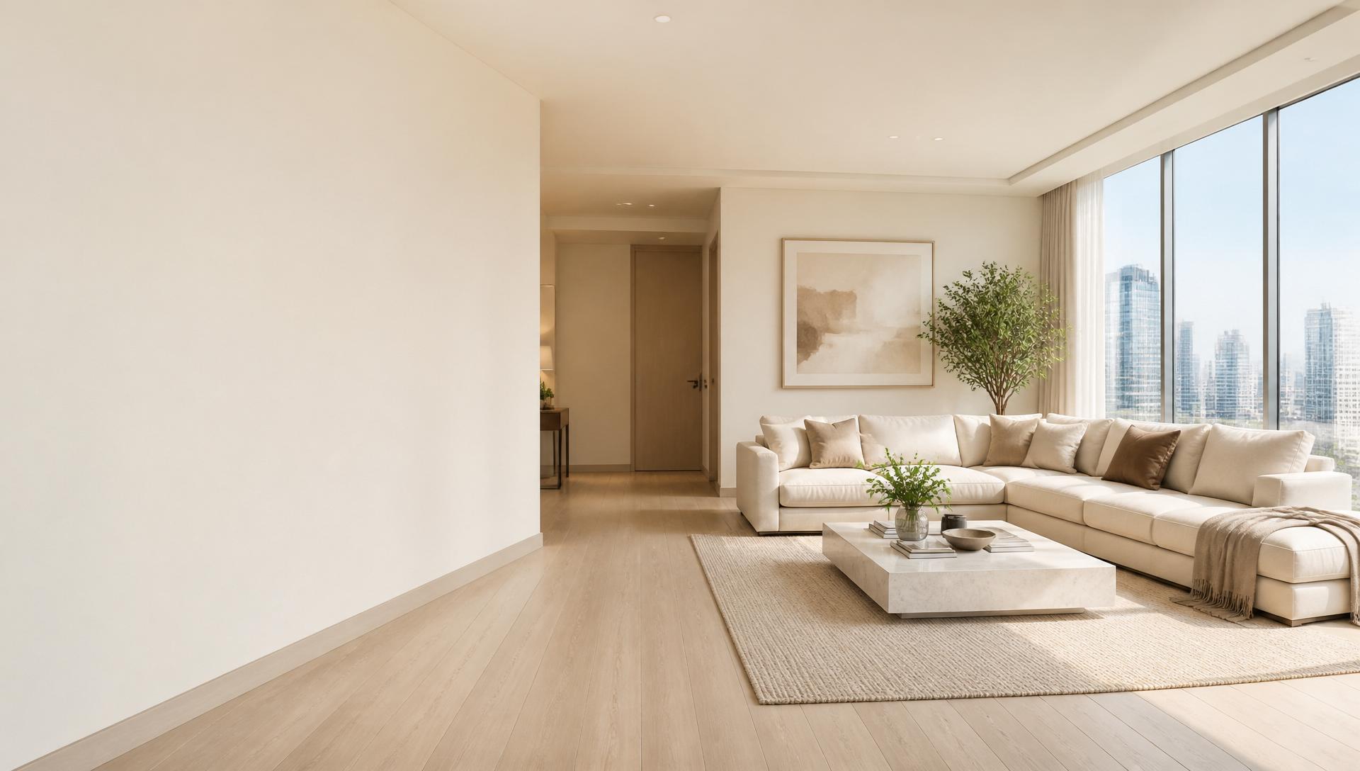 Bright modern apartment interior with floor-to-ceiling windows